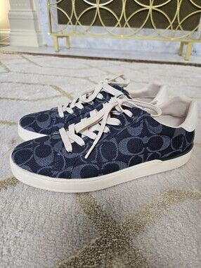 Coach Clip Low Top Navy Denim Signature Logo Sneakers with Cream Accents